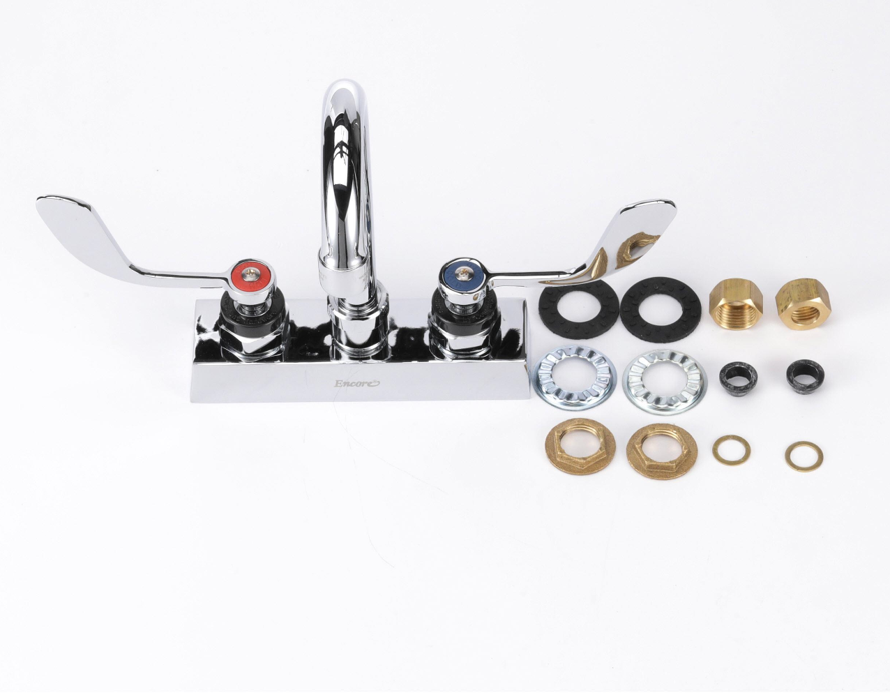 Encore 4" OC Deck Mount Faucet with 3-1/2" Rigid Gooseneck Spout and 4" Wrist Blade Handles