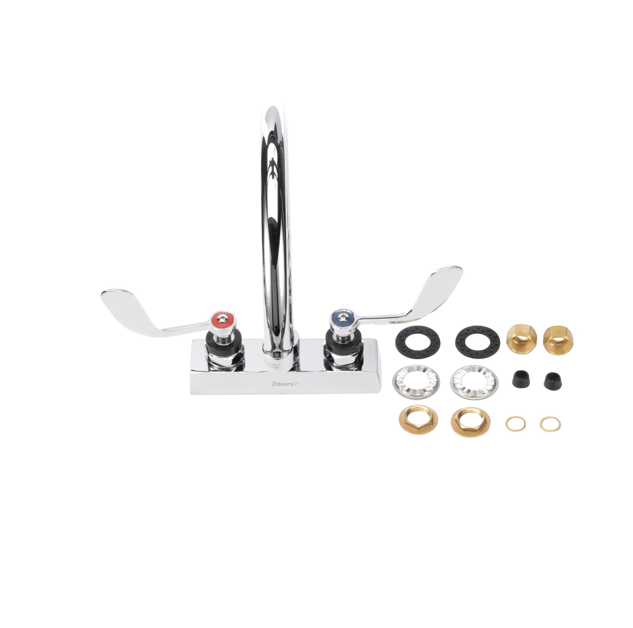 Encore 4" OC Deck Mount Faucet Ceramic Valves with 8-1/2" Swivel Gooseneck Spout with 4" Wrist Blade Handles