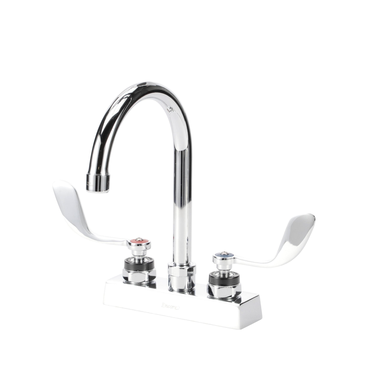 Encore 4" OC Deck Mount Faucet Ceramic Valves with 6" Rigid Gooseneck Spout 2.2GPM Laminar VR Aerator and 4" Wrist Blade Handles