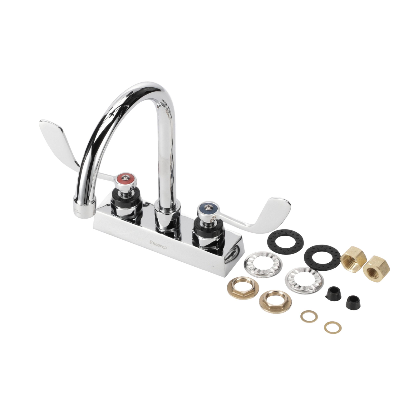 Encore 4" OC Deck Mount Faucet Ceramic Valves with 6" Rigid Gooseneck Spout 2.2GPM Laminar VR Aerator and 4" Wrist Blade Handles