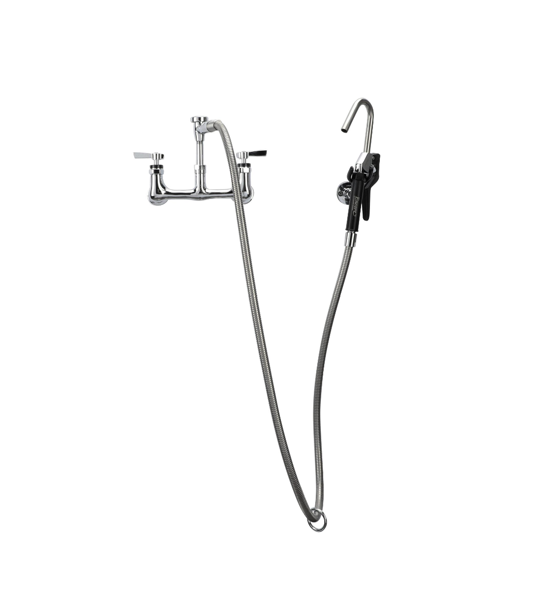 Encore® 8" OC. Brass Chrome Plated Wall Mount Pot Filler Assembly Hooked Spray Head Vacuum Breaker and 72" Hose