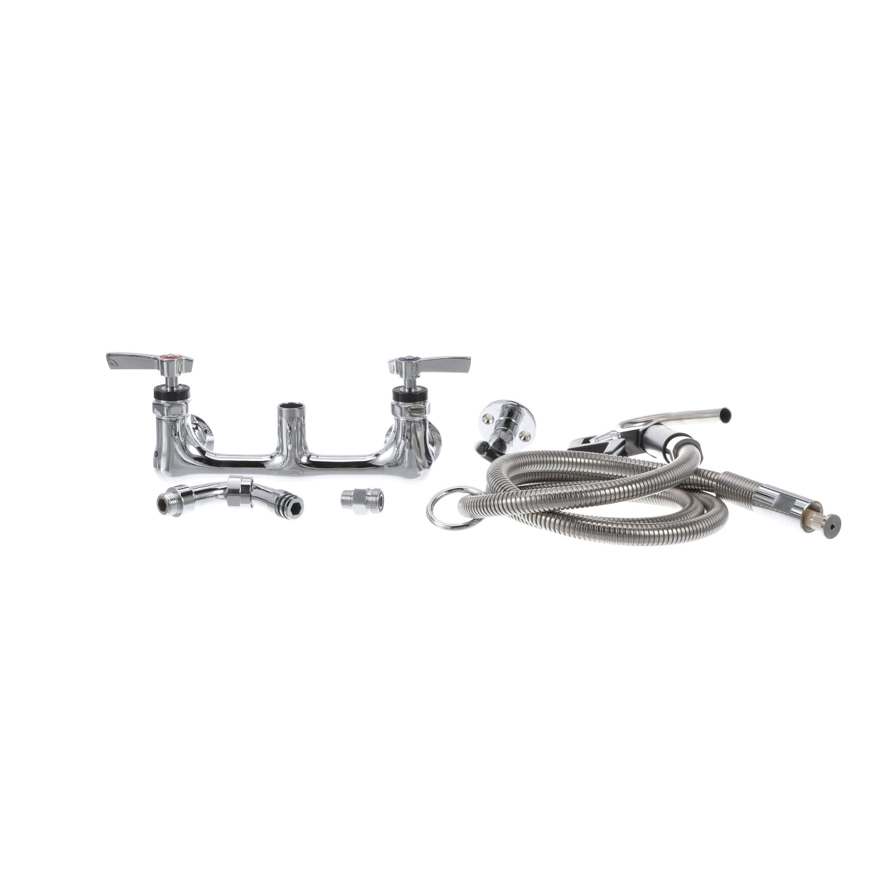 Encore® 8" OC. Brass Chrome Plated Wall Mount Pot Filler Assembly Hooked Spray Head and 72" Hose