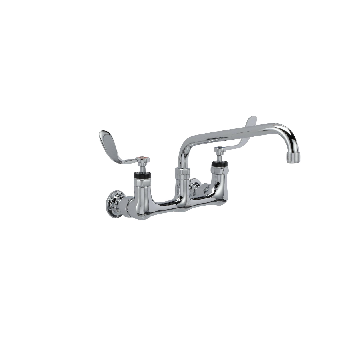 Encore® 8" OC. Brass Chrome Plated Wall Mount Faucet Ceramic Valves with 8" Swivel Spout, 4" Wrist Blade Handles