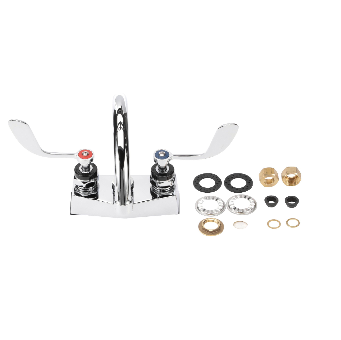 Encore® Brass Chrome Plated 4" OC Deck Mount Faucet Ceramic Valves with 6" Swivel Gooseneck Spout 4" Wrist Blade Handles