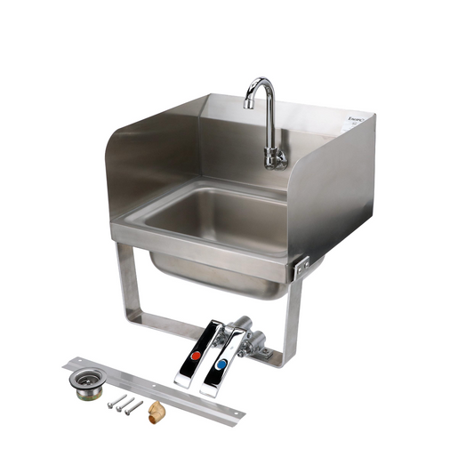 Encore Wall Mount Type 304 Series Stainless Steel Hand Sink 14" x 10" x 5" Deep with Single Hole, Double Side Splash, Dual knee valve with Gooseneck spout
