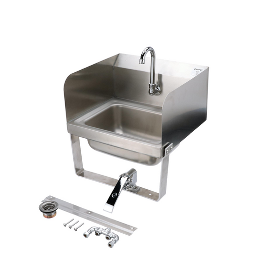 Encore Wall Mount Type 304 Series Stainless Steel Hand Sink 14" x 10" x 5" Deep with Single Hole, Double Side Splash, Single knee valve with Gooseneck spout