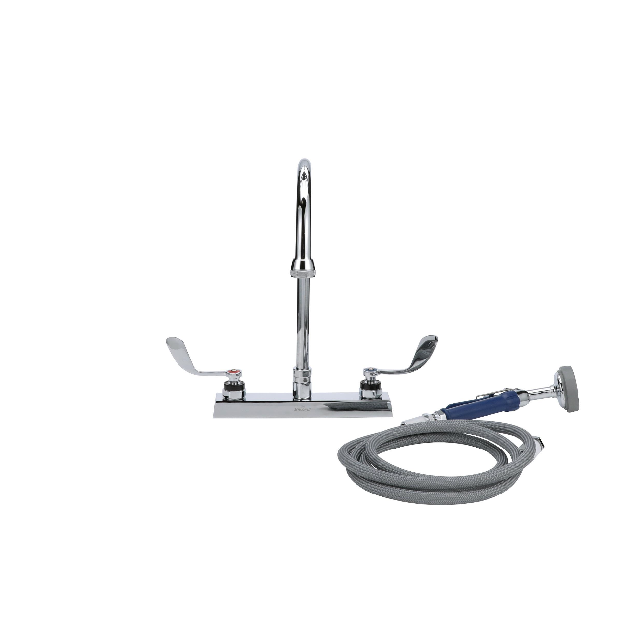 Encore® 8" OC Deck Mount Veterinary Faucet 72" Hose with Lightweight Aluminum Side Sprayer and 4" Wrist Blade Handles