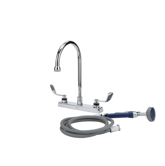Encore® 8" OC Deck Mount Veterinary Faucet 72" Hose with Lightweight Aluminum Side Sprayer and 4" Wrist Blade Handles