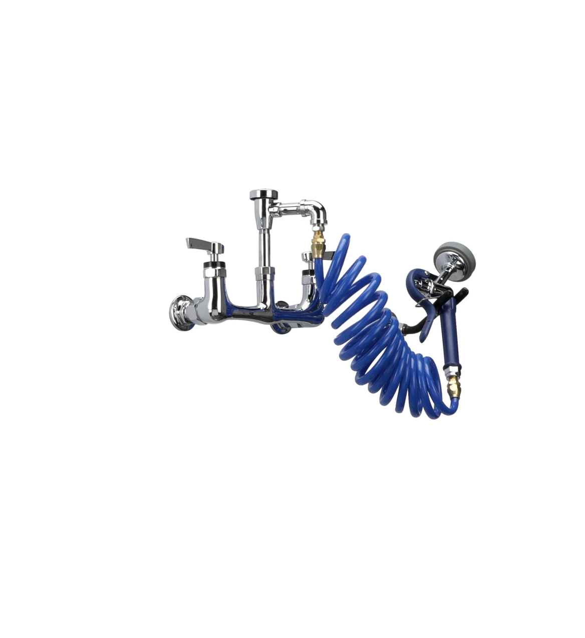 Encore 8" OC Wall Mount Veterinary Faucet with 108" Blue Coiled Hose, Vacuum Breaker and Lightweight Aluminum Side Sprayer