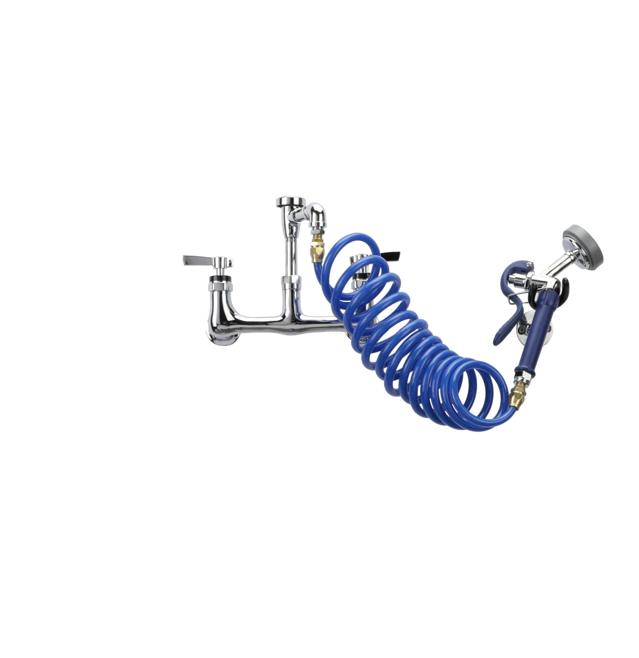 Encore 8" OC Wall Mount Veterinary Faucet with 108" Blue Coiled Hose, Vacuum Breaker and Lightweight Aluminum Side Sprayer