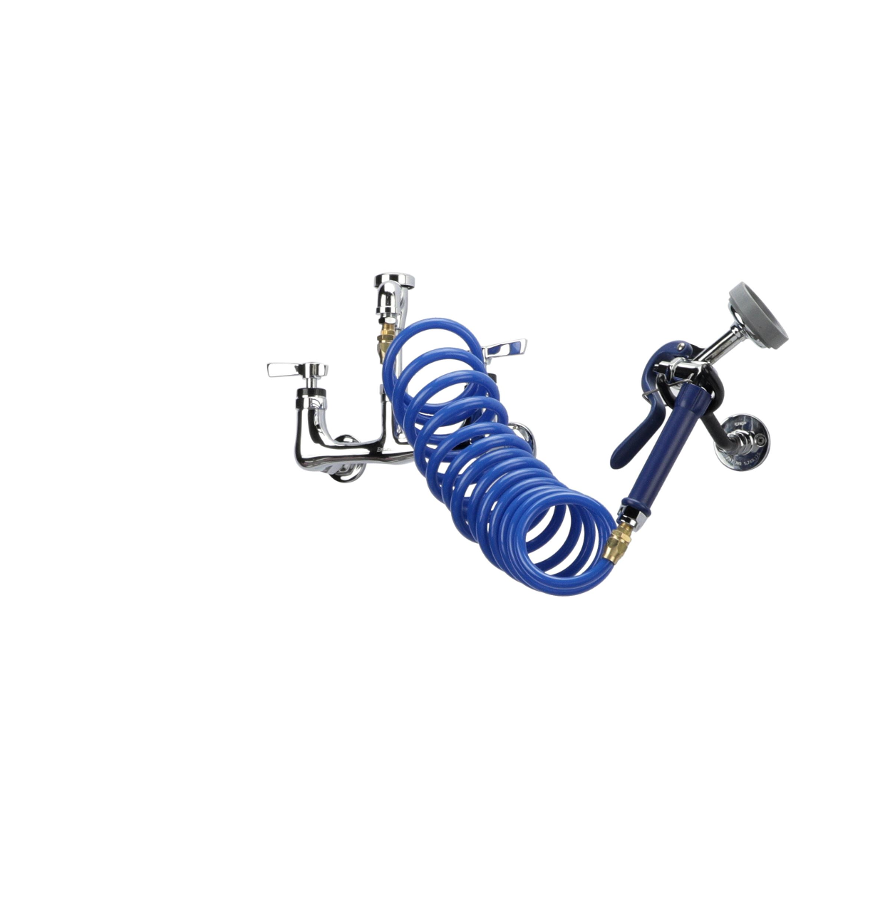 Encore 8" OC Wall Mount Veterinary Faucet with 108" Blue Coiled Hose, Vacuum Breaker and Lightweight Aluminum Side Sprayer