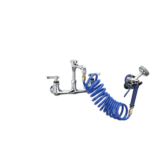 Encore 8" OC Wall Mount Veterinary Faucet with 108" Blue Coiled Hose, Vacuum Breaker and Lightweight Aluminum Side Sprayer