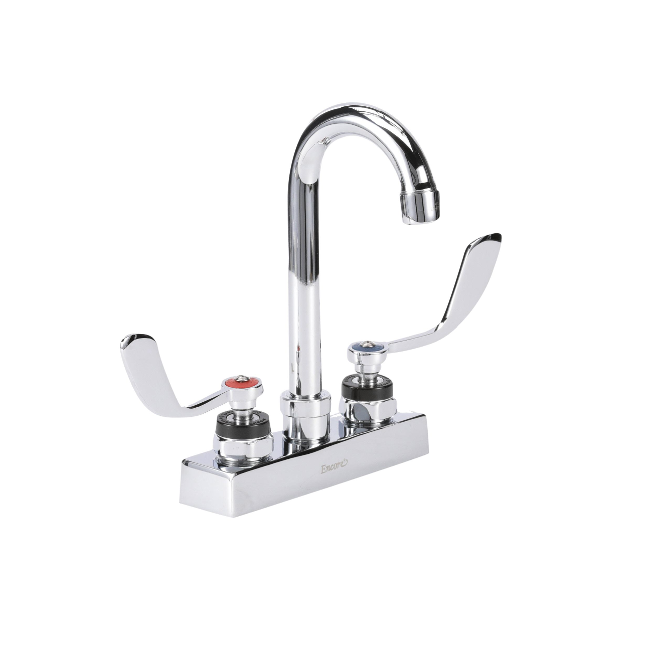 Encore 4" OC Deck Mount Faucet Ceramic Valves with 3-1/2" Swivel Gooseneck Spout with 4" Wrist Blade Handles
