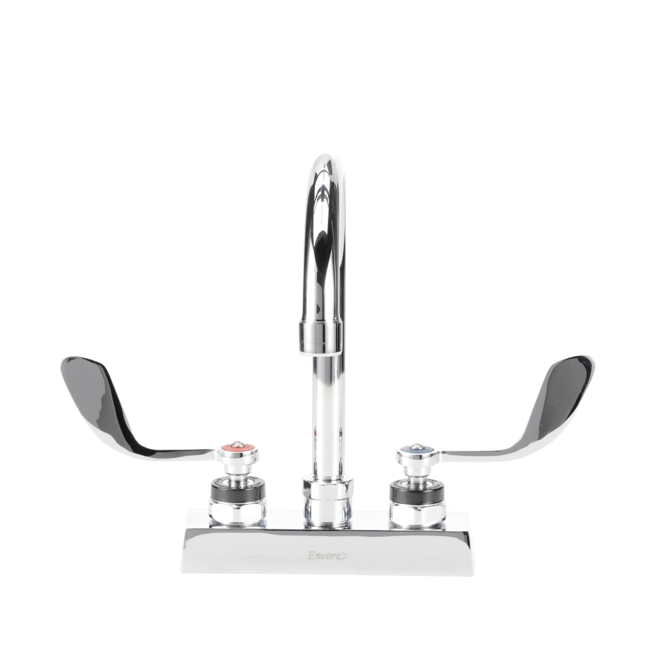 Encore 4" OC Deck Mount Faucet Ceramic Valves with 6" Rigid Gooseneck Spout 2.2GPM Laminar VR Aerator and 4" Wrist Blade Handles