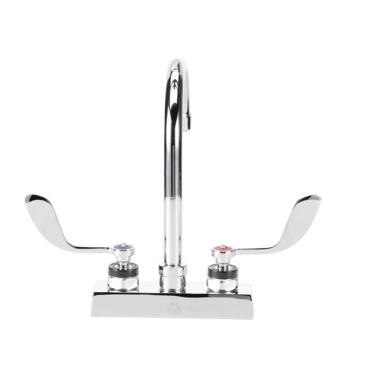Encore 4" OC Deck Mount Faucet Ceramic Valves with 6" Rigid Gooseneck Spout 2.2GPM Laminar VR Aerator and 4" Wrist Blade Handles