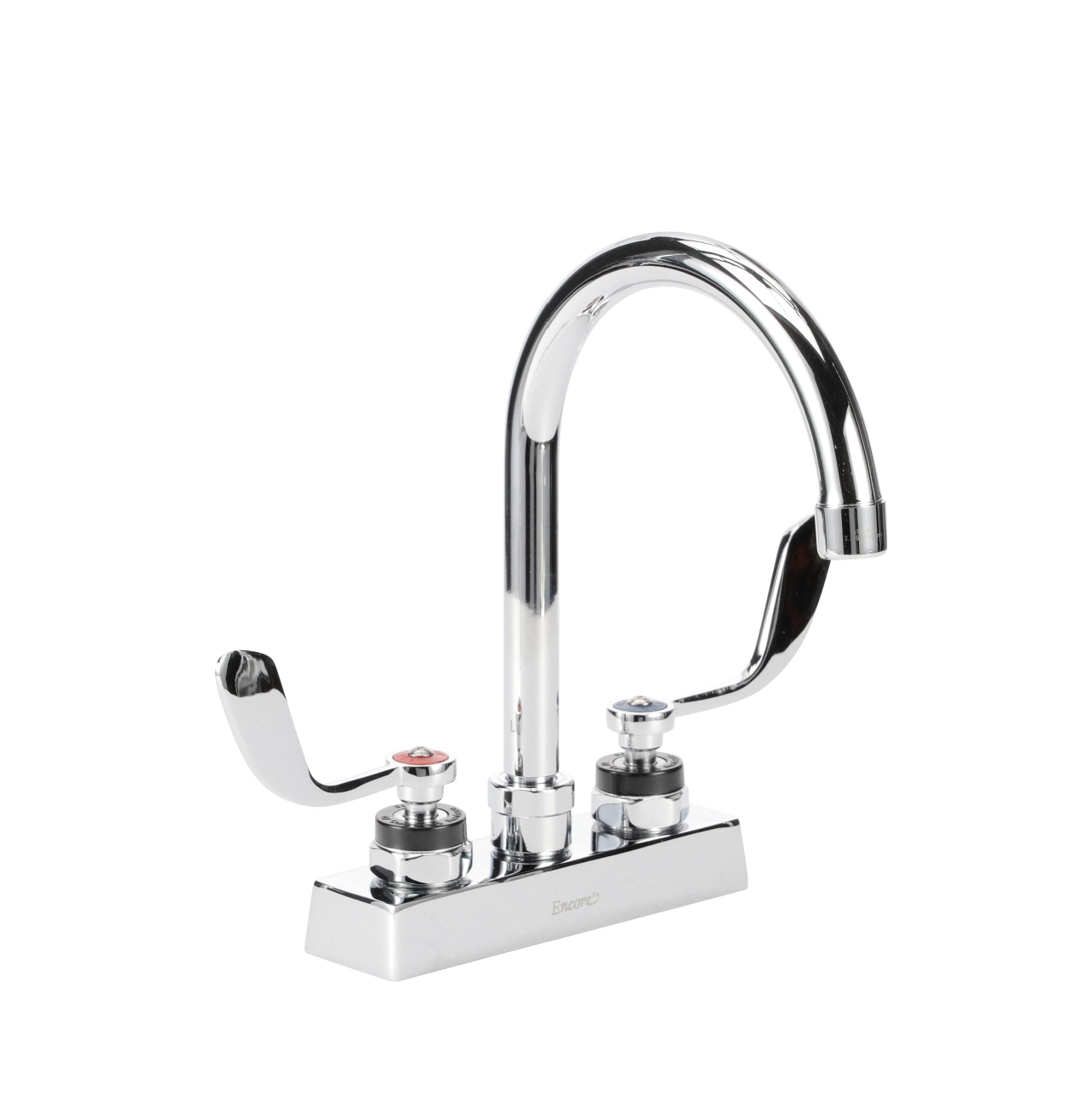 Encore 4" OC Deck Mount Faucet Ceramic Valves with 6" Rigid Gooseneck Spout 2.2GPM Laminar VR Aerator and 4" Wrist Blade Handles