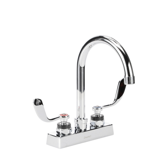 Encore 4" OC Deck Mount Faucet Ceramic Valves with 6" Rigid Gooseneck Spout 2.2GPM Laminar VR Aerator and 4" Wrist Blade Handles