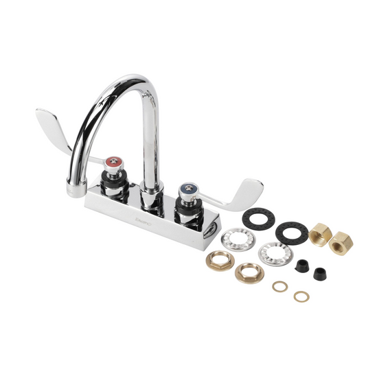 Encore 4" OC Deck Mount Faucet Ceramic Valves with 6" Rigid Gooseneck Spout 2.2GPM Laminar VR Aerator and 4" Wrist Blade Handles
