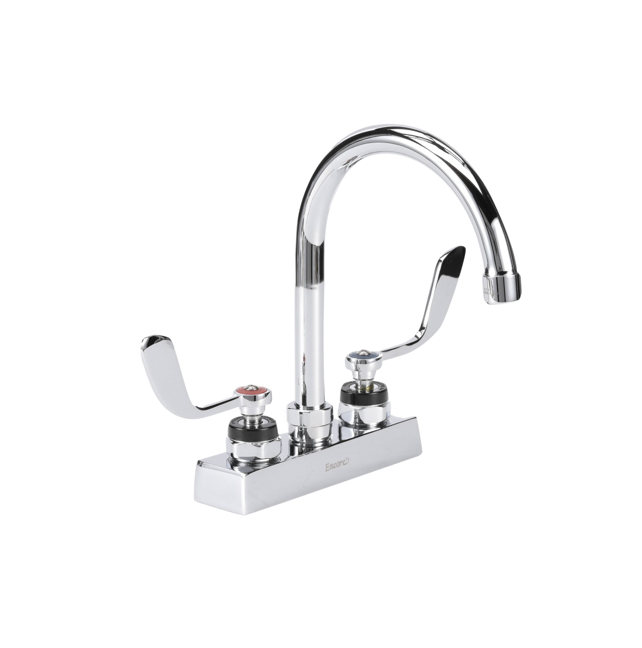 Encore 4" OC Deck Mount Faucet Ceramic Valves with 6" Swivel Gooseneck Spout and 4" Wrist Blade Handles