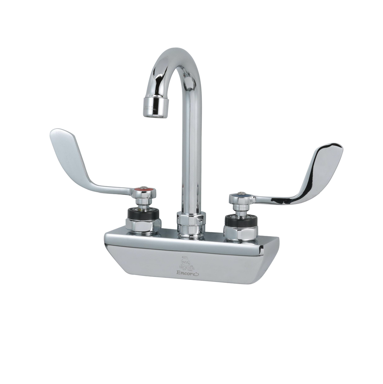 Encore 4" OC Wall Mount Faucet Ceramic Valves with 3-1/2" Swivel Gooseneck Spout and 4" Wrist Blade Handles