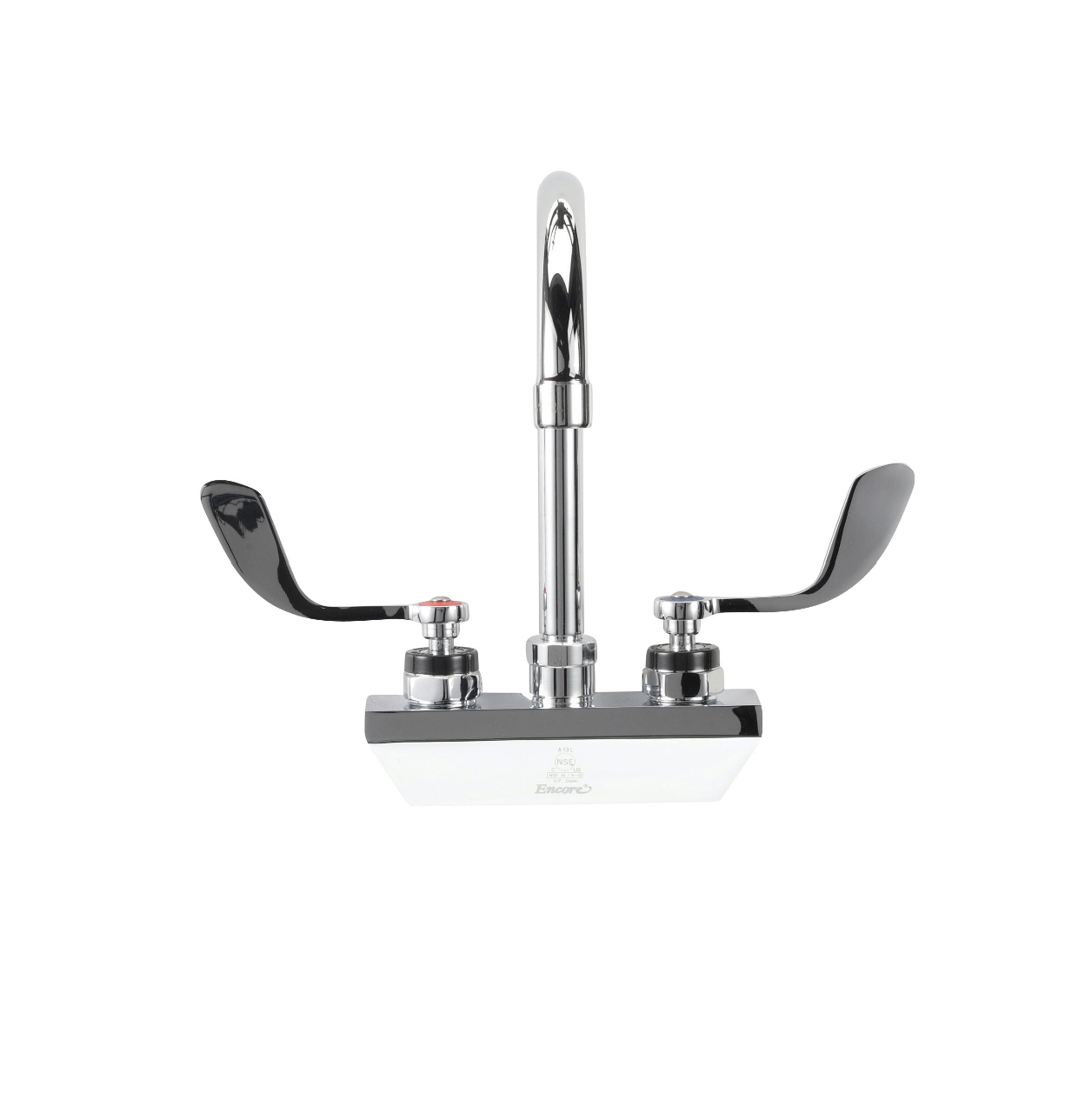 Encore 4" OC Wall Mount Faucet Ceramic Valves with 6" Rigid Gooseneck Spout and 4" Wrist Blade Handles