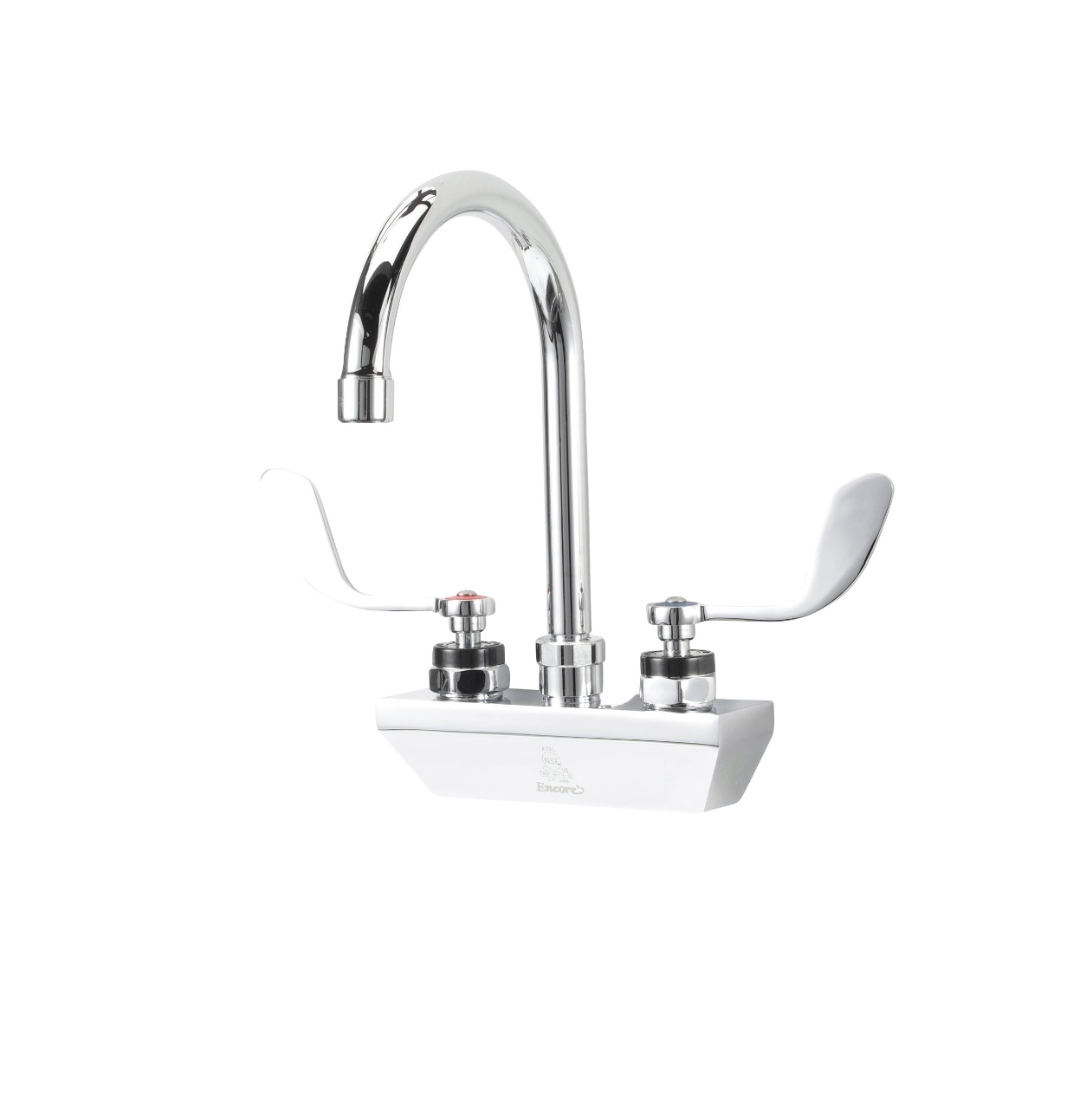 Encore 4" OC Wall Mount Faucet Ceramic Valves with 6" Rigid Gooseneck Spout and 4" Wrist Blade Handles