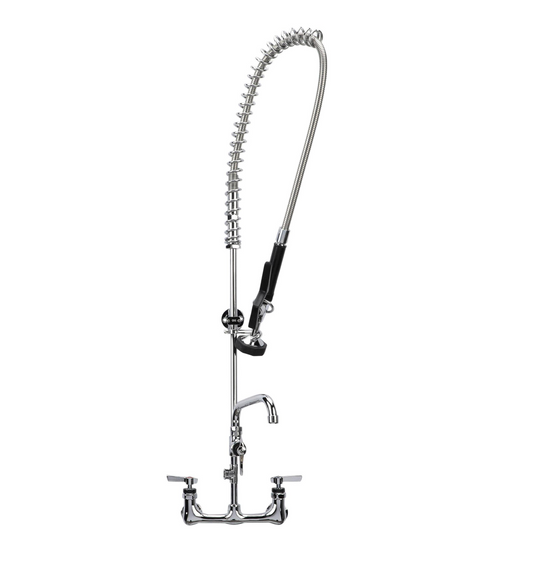 Encore® 8" OC. Brass Chrome Plated Wall Mount Pre Rinse Assembly with 12" Add On Faucet , Water Supply Tee kit with Adapters for Sanitizing Systems