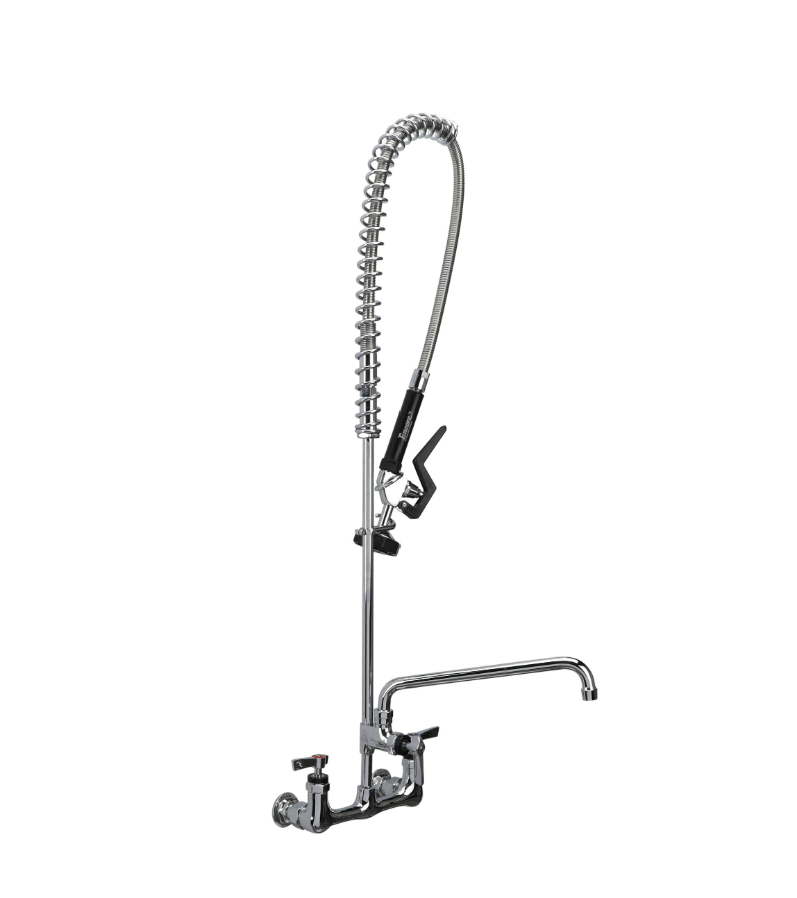 Encore® 8" OC. Brass Chrome Plated Wall Mount Pre Rinse Assembly Ceramic Valves 0.65 gpm Spray Head 12" Add On Faucet and Wall Bracket