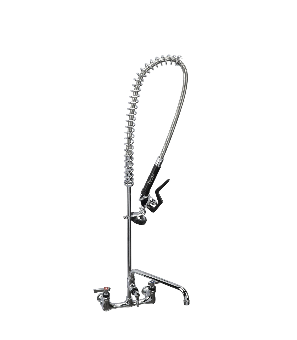 Encore® 8" OC. Brass Chrome Plated Wall Mount Pre Rinse Assembly Ceramic Valves 0.65 gpm Spray Head 12" Add On Faucet and Wall Bracket