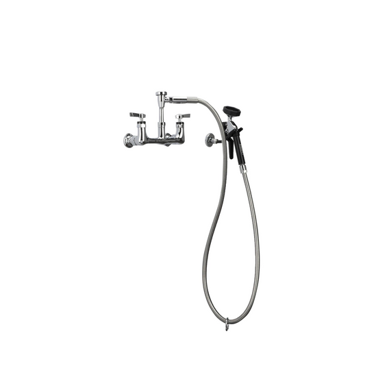 Encore® 8" OC. Brass Chrome Plated Wall Mount Utility Spray Assembly Angled Spray Head Vacuum Breaker and 72" Hose