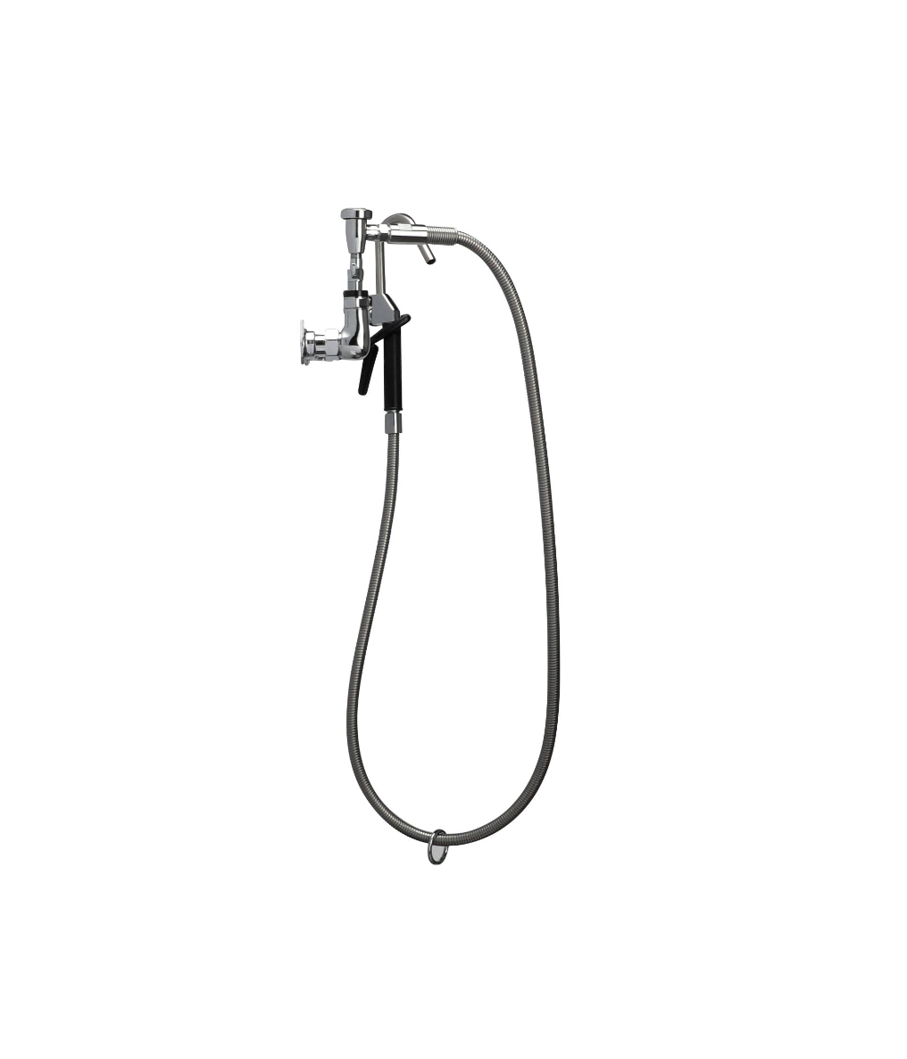 Encore® 8" OC. Brass Chrome Plated Wall Mount Pot Filler Assembly Hooked Spray Head Vacuum Breaker and 72" Hose