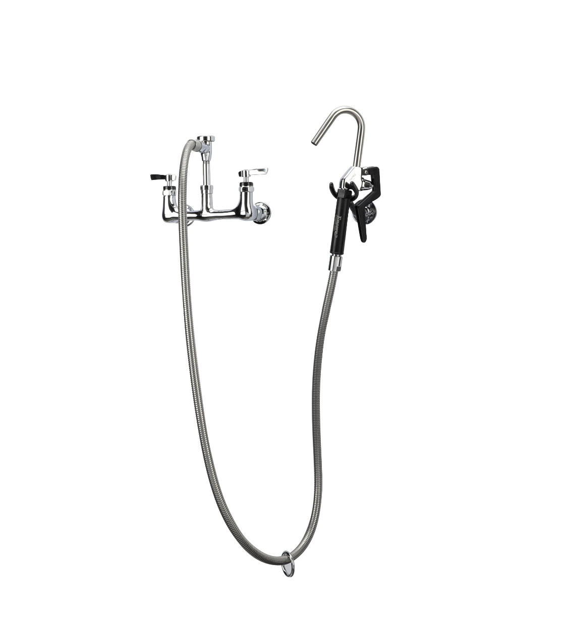 Encore® 8" OC. Brass Chrome Plated Wall Mount Pot Filler Assembly Hooked Spray Head Vacuum Breaker and 72" Hose