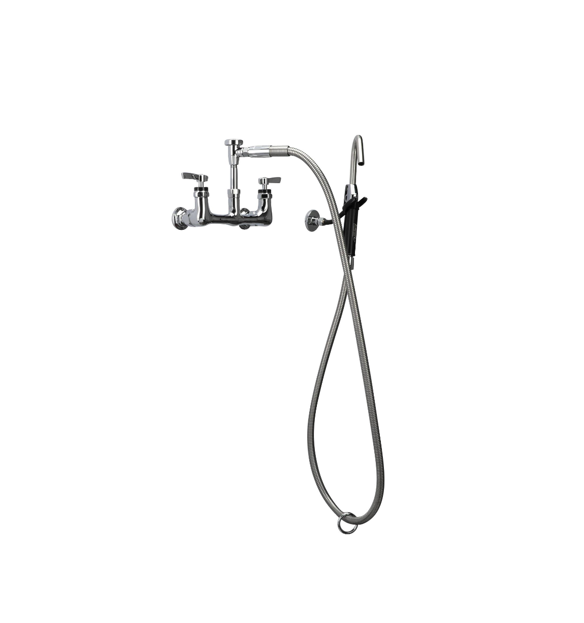 Encore® 8" OC. Brass Chrome Plated Wall Mount Pot Filler Assembly Hooked Spray Head Vacuum Breaker and 72" Hose