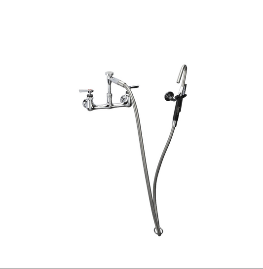 Encore® 8" OC. Brass Chrome Plated Wall Mount Pot Filler Assembly Hooked Spray Head Vacuum Breaker and 72" Hose