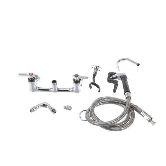 Encore® 8" OC. Brass Chrome Plated Wall Mount Pot Filler Assembly Hooked Spray Head and 72" Hose
