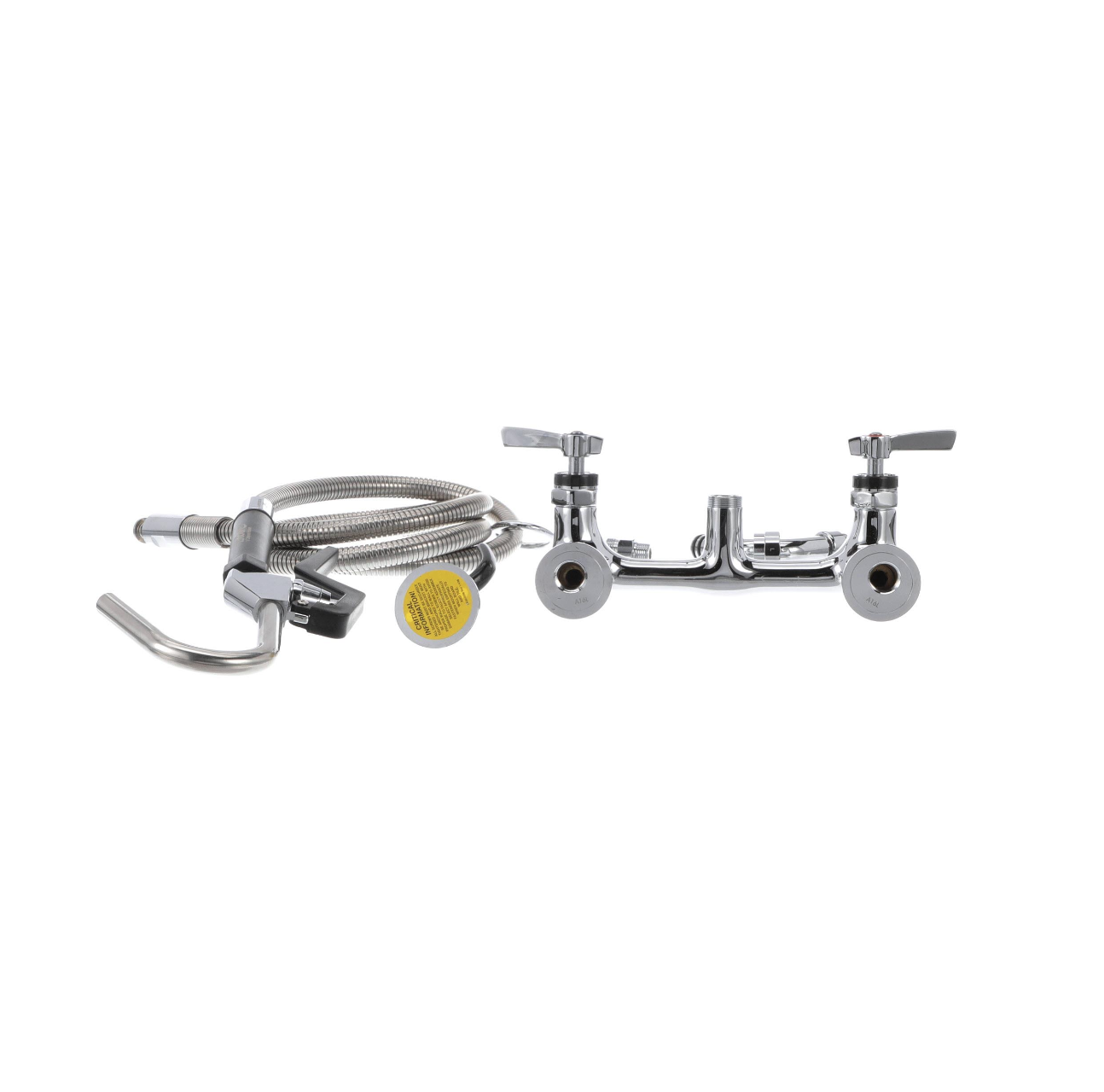 Encore® 8" OC. Brass Chrome Plated Wall Mount Pot Filler Assembly Hooked Spray Head and 72" Hose
