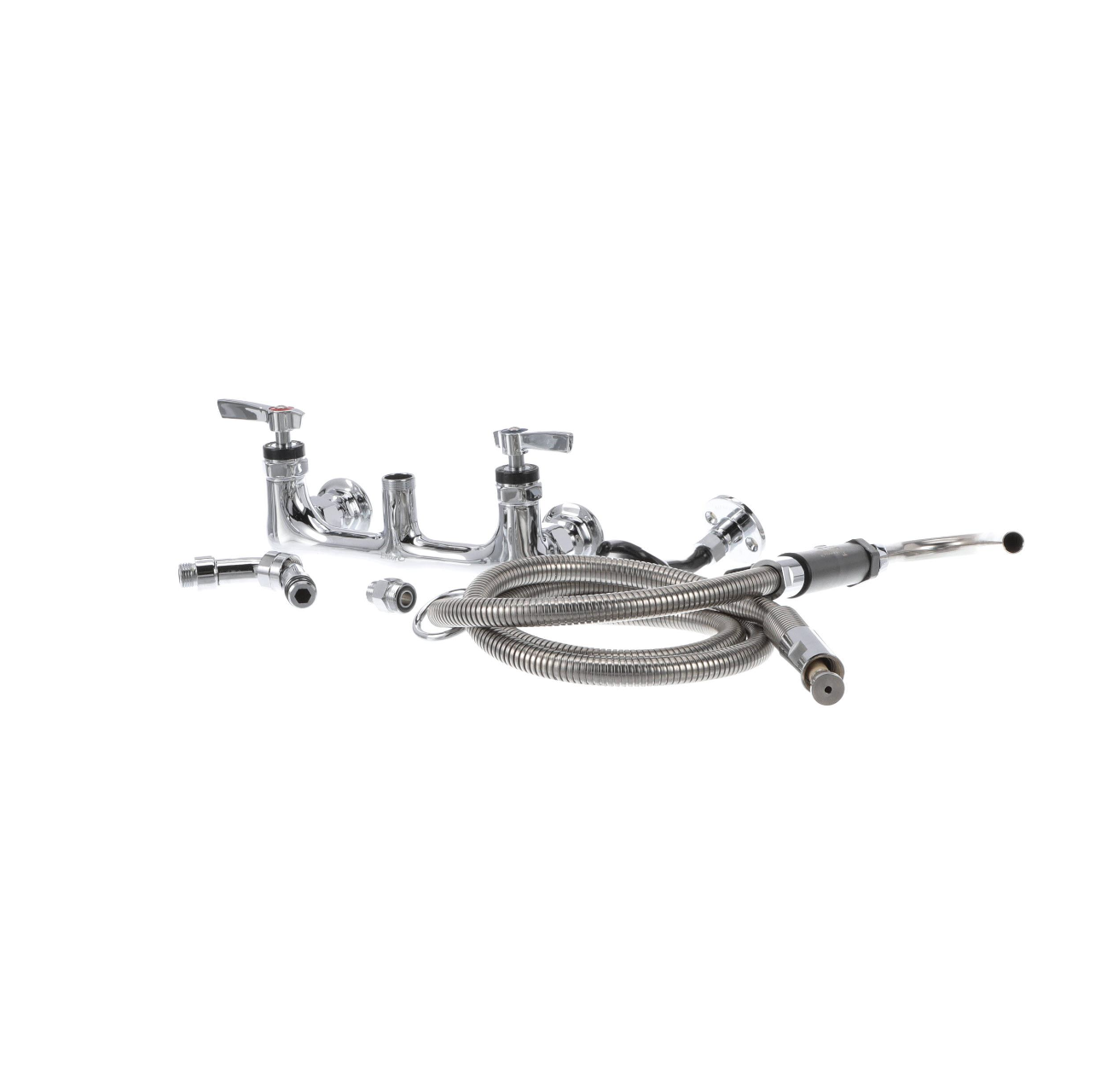 Encore® 8" OC. Brass Chrome Plated Wall Mount Pot Filler Assembly Hooked Spray Head and 72" Hose