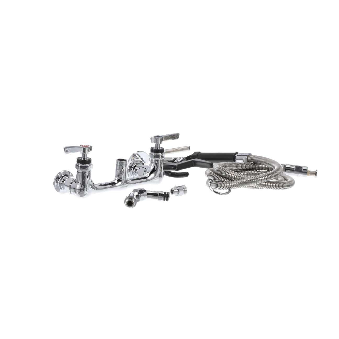 Encore® 8" OC. Brass Chrome Plated Wall Mount Pot Filler Assembly Hooked Spray Head and 72" Hose