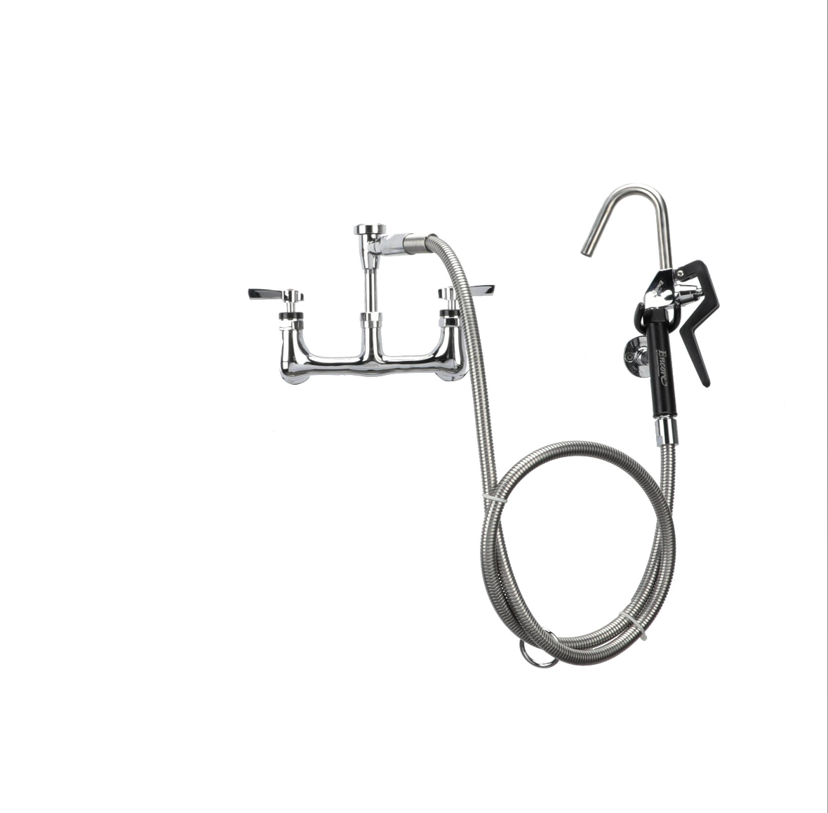 Encore® 8" OC. Brass Chrome Plated Wall Mount Pot Filler Assembly Hooked Spray Head Ceramic Valves Vacuum Breaker and 72" Hose