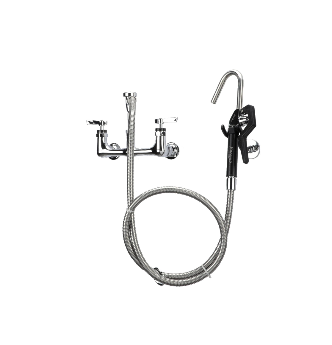 Encore® 8" OC. Brass Chrome Plated Wall Mount Pot Filler Assembly Hooked Spray Head Ceramic Valves Vacuum Breaker and 72" Hose