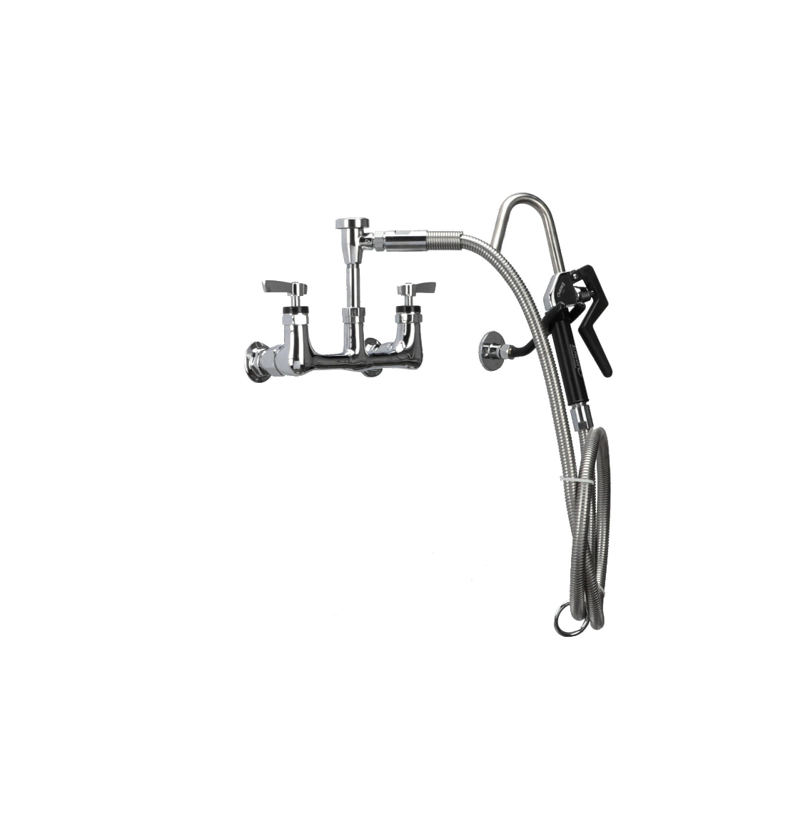 Encore® 8" OC. Brass Chrome Plated Wall Mount Pot Filler Assembly Hooked Spray Head Ceramic Valves Vacuum Breaker and 72" Hose