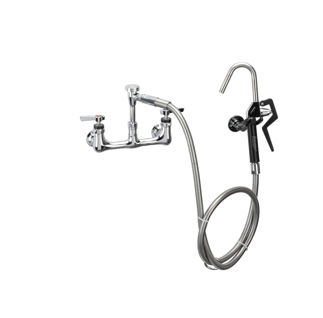 Encore® 8" OC. Brass Chrome Plated Wall Mount Pot Filler Assembly Hooked Spray Head Ceramic Valves Vacuum Breaker and 72" Hose