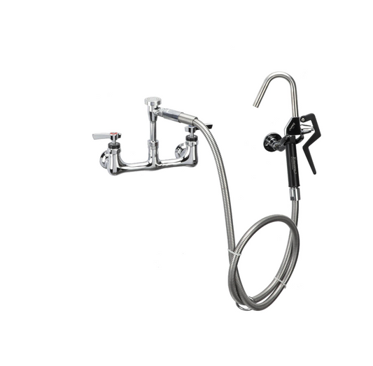 Encore® 8" OC. Brass Chrome Plated Wall Mount Pot Filler Assembly Hooked Spray Head Ceramic Valves Vacuum Breaker and 72" Hose