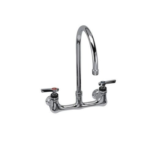 Encore® 8" OC. Brass Chrome Plated Wall Mount Faucet with 8" Swivel Gooseneck Spout Lever Handles