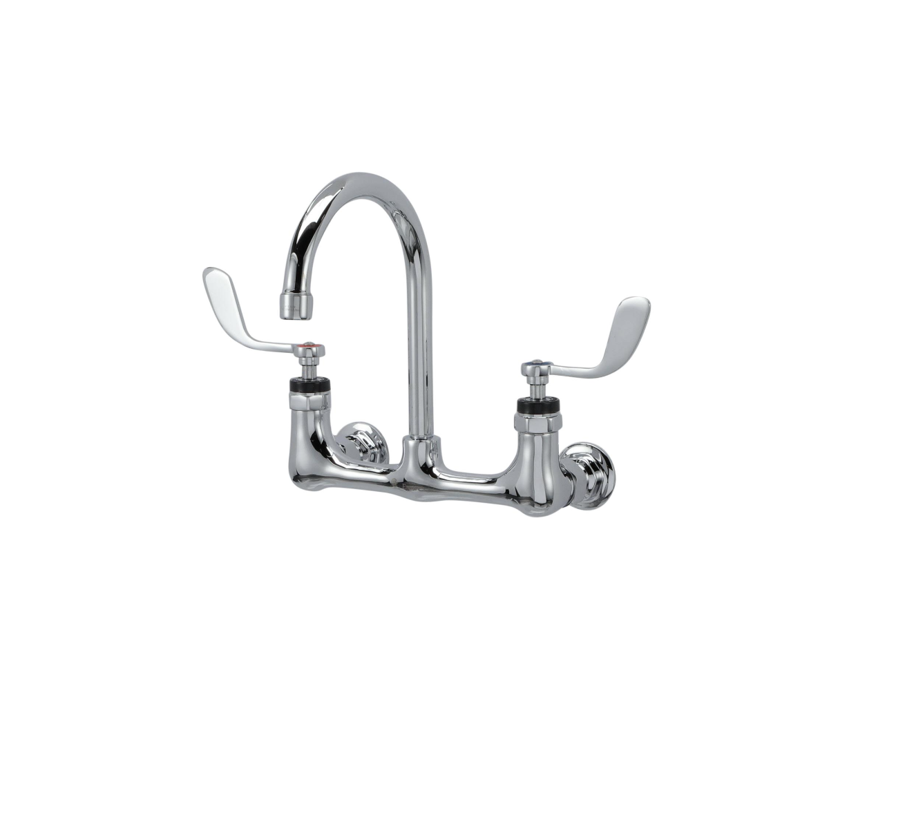 Encore® 8" OC. Brass Chrome Plated Wall Mount Faucet with 6-1/2" Rigid Gooseneck Spout 4" Wrist Blade Handles