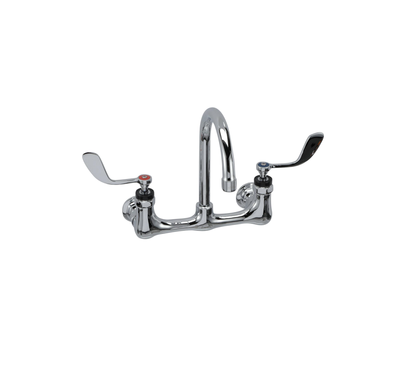 Encore® 8" OC. Brass Chrome Plated Wall Mount Faucet with 6-1/2" Rigid Gooseneck Spout 4" Wrist Blade Handles
