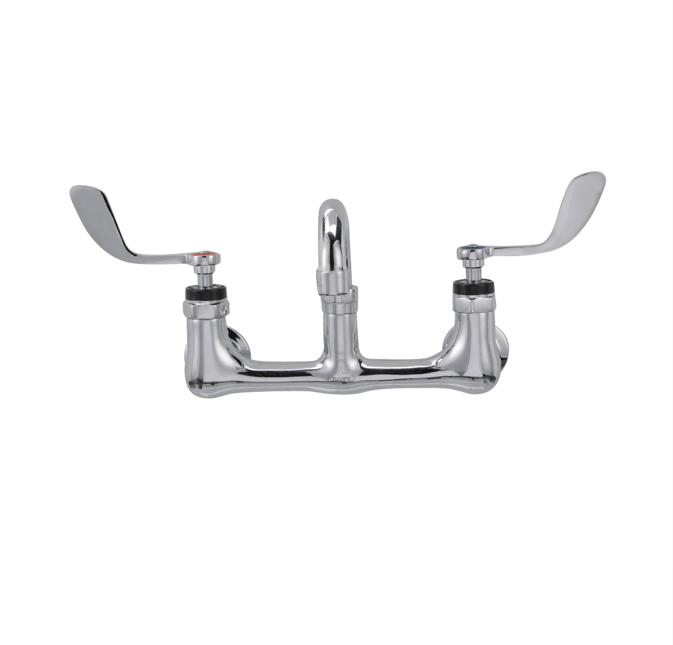 Encore® 8" OC. Brass Chrome Plated Wall Mount Faucet with 6" Swivel Spout 4" Wrist Blade Handles