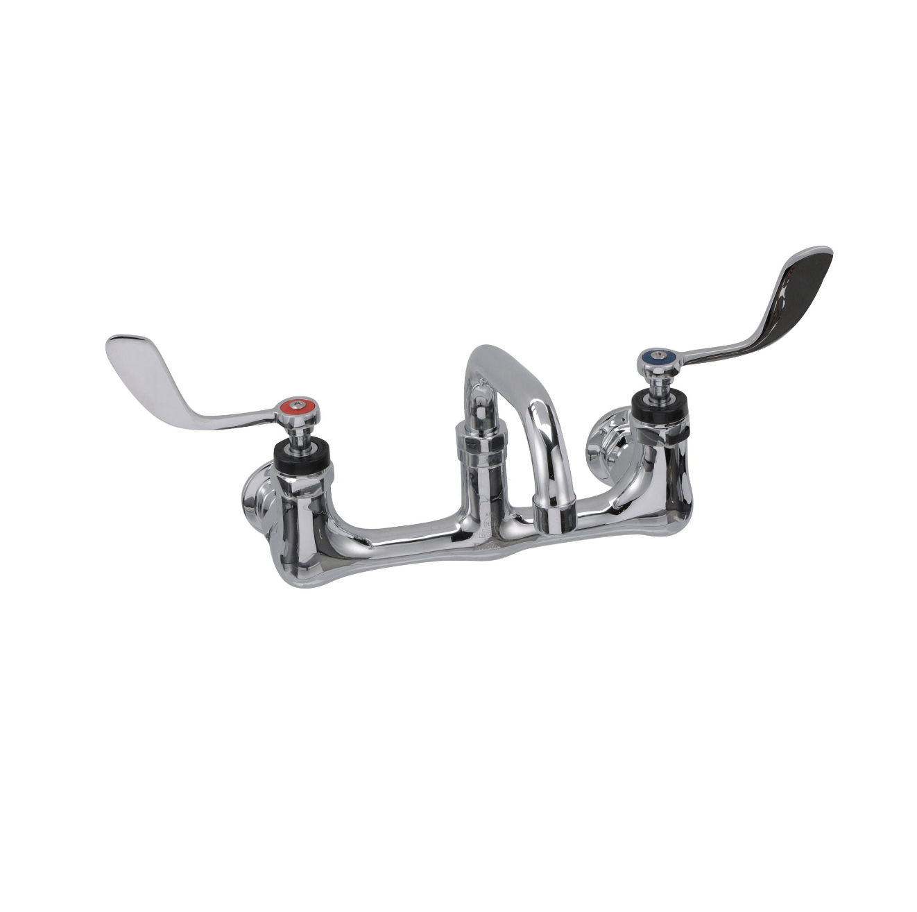 Encore® 8" OC. Brass Chrome Plated Wall Mount Faucet with 6" Swivel Spout 4" Wrist Blade Handles