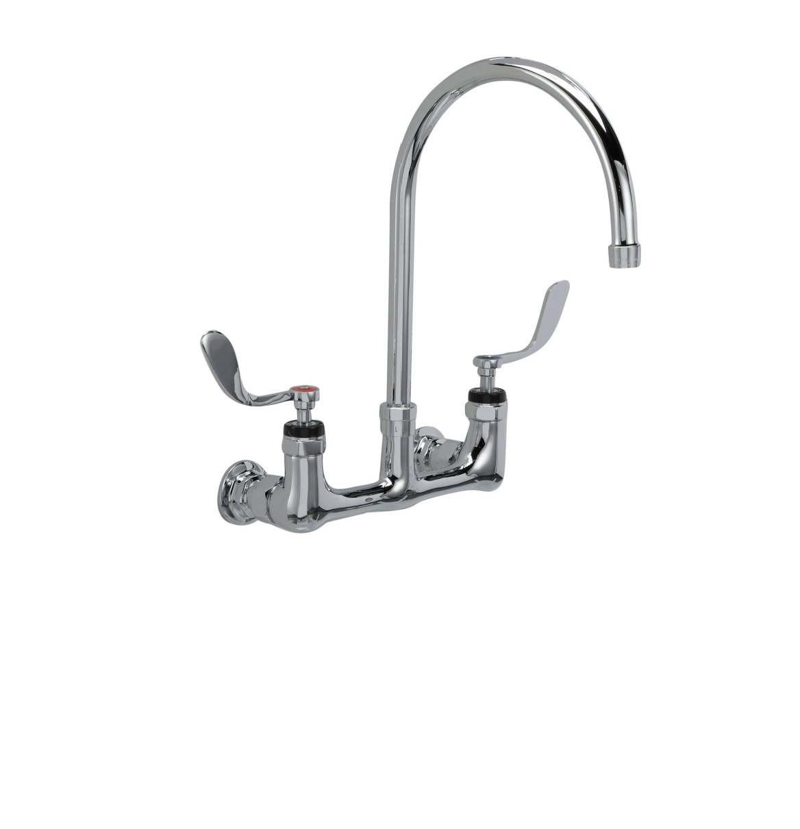 Encore® 8" OC. Brass Chrome Plated Wall Mount Faucet Ceramic Valves with 8" Rigid Gooseneck Spout 4" Wrist Blade Handles
