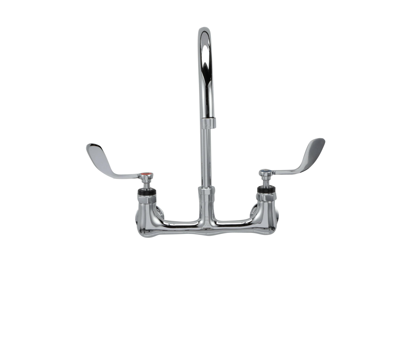 Encore® 8" OC. Brass Chrome Plated Wall Mount Faucet Ceramic Valves with 8" Rigid Gooseneck Spout 4" Wrist Blade Handles